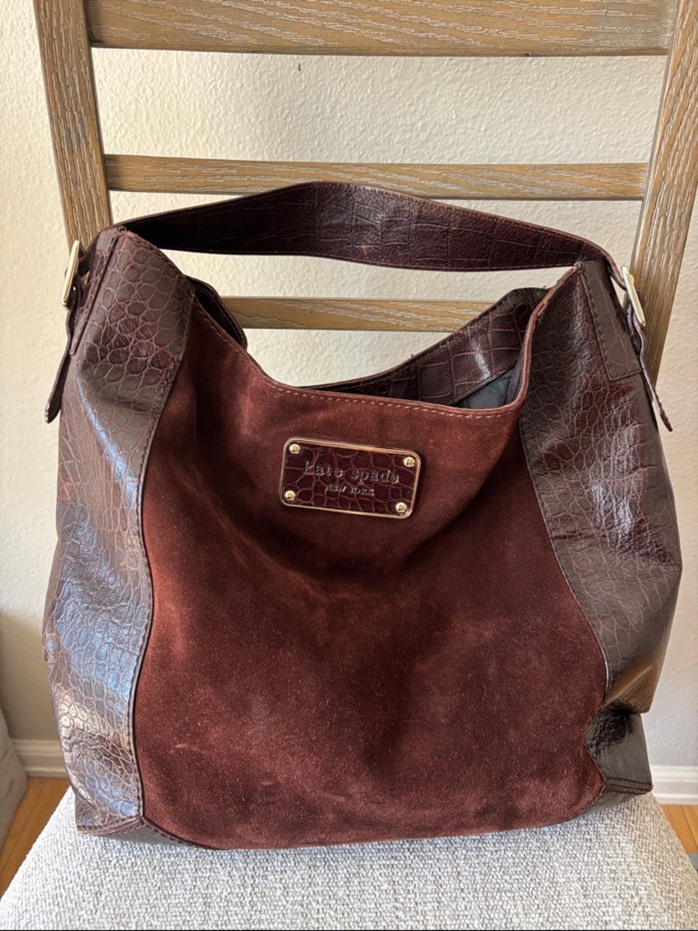 kate spade Brown Suede & Croc-Embossed Leather Hobo